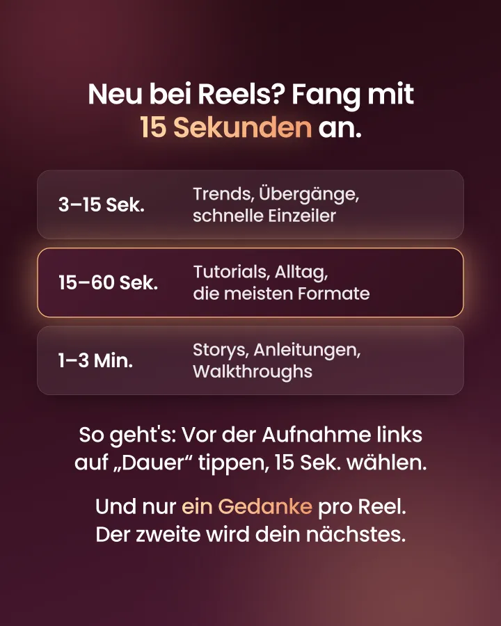 Übersicht der Reel-Längen: 3 bis 15 Sekunden, 15 bis 60 Sekunden, 1 bis 3 Minuten.