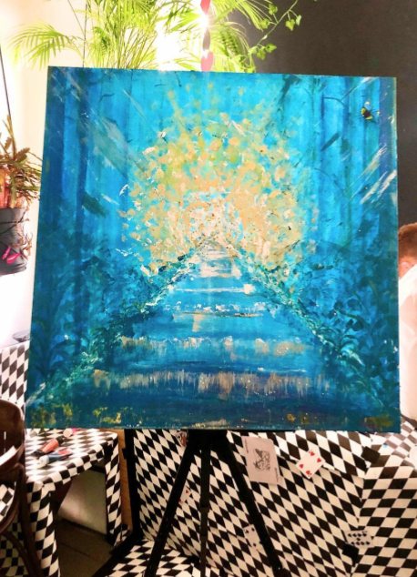 Blaues Acrylbild mit einem Weg ins Licht